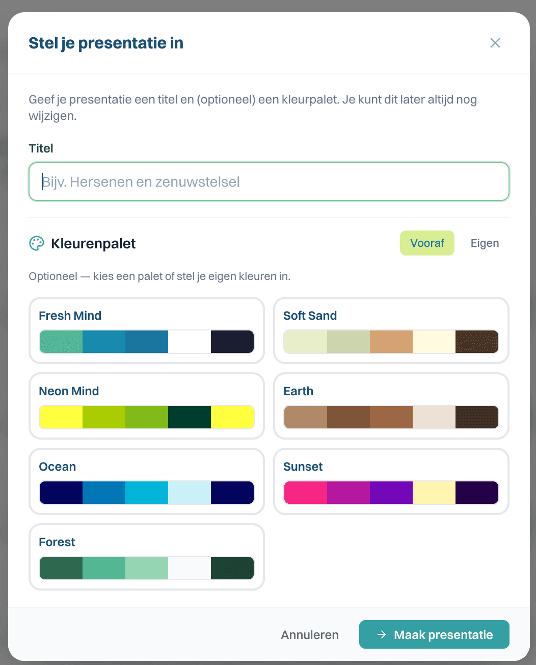 AI Generator wizard met onderwerp en flow selectie